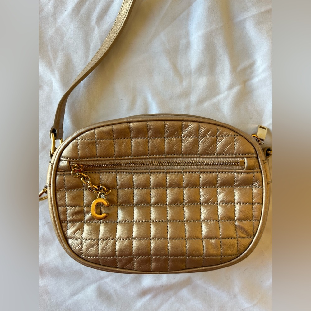 CELINE Laminated Calfskin Quilted Small C Charm Camera Bag Gold